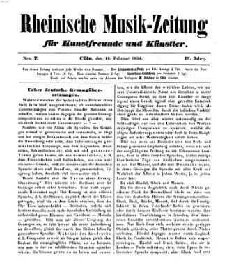 Rheinische Musik-Zeitung für Kunstfreunde und Künstler Samstag 18. Februar 1854