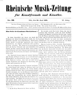 Rheinische Musik-Zeitung für Kunstfreunde und Künstler Samstag 16. Juni 1855