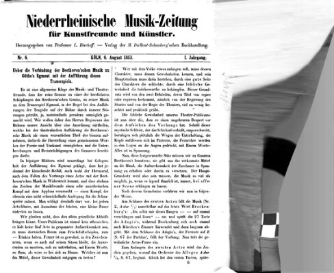 Niederrheinische Musik-Zeitung für Kunstfreunde und Künstler Samstag 6. August 1853