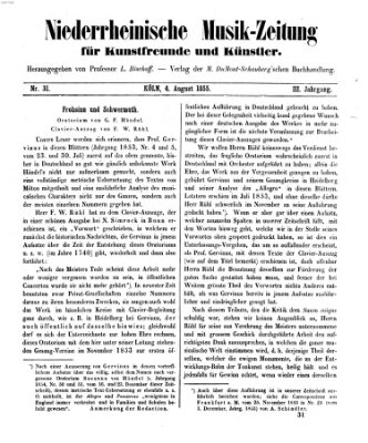 Niederrheinische Musik-Zeitung für Kunstfreunde und Künstler Samstag 4. August 1855