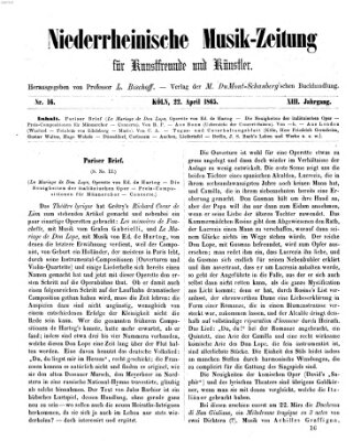 Niederrheinische Musik-Zeitung für Kunstfreunde und Künstler Samstag 22. April 1865