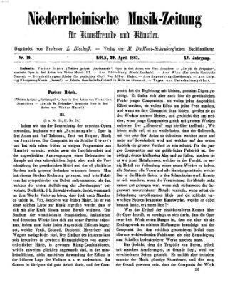 Niederrheinische Musik-Zeitung für Kunstfreunde und Künstler Samstag 20. April 1867