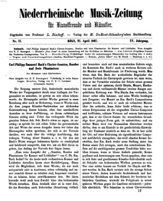 Niederrheinische Musik-Zeitung für Kunstfreunde und Künstler Samstag 27. April 1867