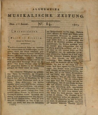 Allgemeine musikalische Zeitung Mittwoch 2. Januar 1805