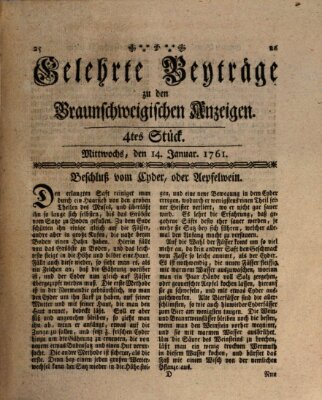 Braunschweigische Anzeigen. Gelehrte Beyträge zu den Braunschweigischen Anzeigen (Braunschweigische Anzeigen) Mittwoch 14. Januar 1761