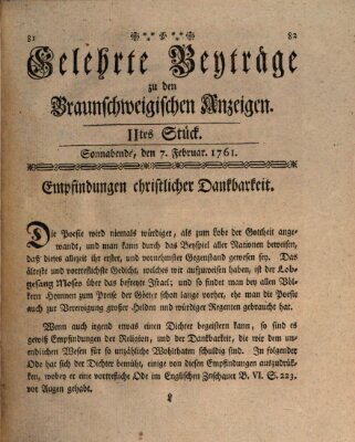 Braunschweigische Anzeigen. Gelehrte Beyträge zu den Braunschweigischen Anzeigen (Braunschweigische Anzeigen) Samstag 7. Februar 1761