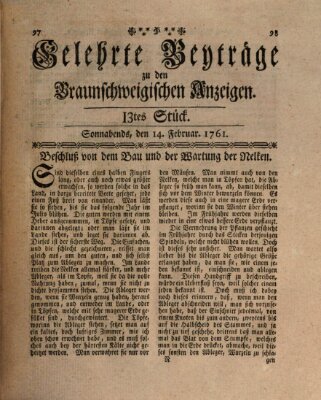 Braunschweigische Anzeigen. Gelehrte Beyträge zu den Braunschweigischen Anzeigen (Braunschweigische Anzeigen) Samstag 14. Februar 1761