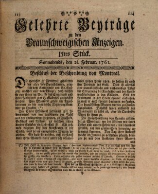 Braunschweigische Anzeigen. Gelehrte Beyträge zu den Braunschweigischen Anzeigen (Braunschweigische Anzeigen) Samstag 21. Februar 1761