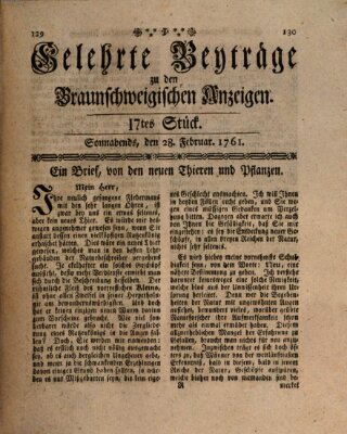 Braunschweigische Anzeigen. Gelehrte Beyträge zu den Braunschweigischen Anzeigen (Braunschweigische Anzeigen) Samstag 28. Februar 1761