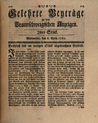 Braunschweigische Anzeigen. Gelehrte Beyträge zu den Braunschweigischen Anzeigen (Braunschweigische Anzeigen) Mittwoch 8. April 1761