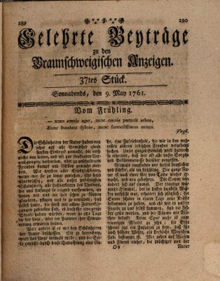 Braunschweigische Anzeigen. Gelehrte Beyträge zu den Braunschweigischen Anzeigen (Braunschweigische Anzeigen) Samstag 9. Mai 1761