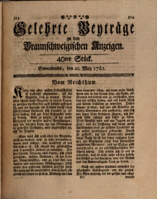 Braunschweigische Anzeigen. Gelehrte Beyträge zu den Braunschweigischen Anzeigen (Braunschweigische Anzeigen) Mittwoch 20. Mai 1761