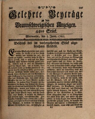 Braunschweigische Anzeigen. Gelehrte Beyträge zu den Braunschweigischen Anzeigen (Braunschweigische Anzeigen) Mittwoch 3. Juni 1761