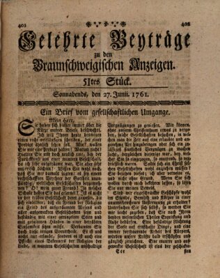 Braunschweigische Anzeigen. Gelehrte Beyträge zu den Braunschweigischen Anzeigen (Braunschweigische Anzeigen) Samstag 27. Juni 1761