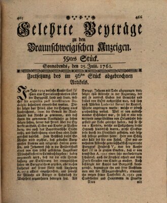 Braunschweigische Anzeigen. Gelehrte Beyträge zu den Braunschweigischen Anzeigen (Braunschweigische Anzeigen) Samstag 25. Juli 1761