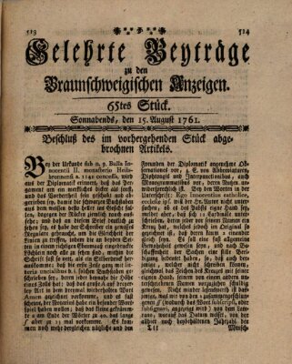 Braunschweigische Anzeigen. Gelehrte Beyträge zu den Braunschweigischen Anzeigen (Braunschweigische Anzeigen) Samstag 15. August 1761