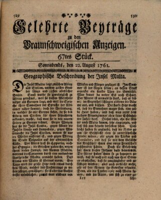 Braunschweigische Anzeigen. Gelehrte Beyträge zu den Braunschweigischen Anzeigen (Braunschweigische Anzeigen) Samstag 22. August 1761