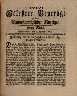 Braunschweigische Anzeigen. Gelehrte Beyträge zu den Braunschweigischen Anzeigen (Braunschweigische Anzeigen) Samstag 29. August 1761