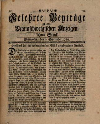 Braunschweigische Anzeigen. Gelehrte Beyträge zu den Braunschweigischen Anzeigen (Braunschweigische Anzeigen) Mittwoch 2. September 1761