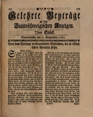 Braunschweigische Anzeigen. Gelehrte Beyträge zu den Braunschweigischen Anzeigen (Braunschweigische Anzeigen) Samstag 12. September 1761