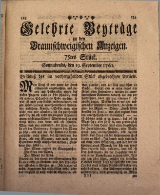 Braunschweigische Anzeigen. Gelehrte Beyträge zu den Braunschweigischen Anzeigen (Braunschweigische Anzeigen) Samstag 19. September 1761