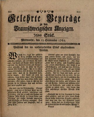 Braunschweigische Anzeigen. Gelehrte Beyträge zu den Braunschweigischen Anzeigen (Braunschweigische Anzeigen) Mittwoch 23. September 1761