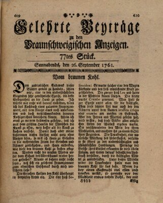 Braunschweigische Anzeigen. Gelehrte Beyträge zu den Braunschweigischen Anzeigen (Braunschweigische Anzeigen) Samstag 26. September 1761