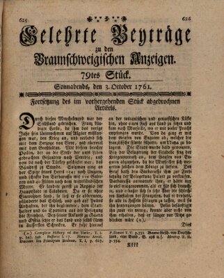 Braunschweigische Anzeigen. Gelehrte Beyträge zu den Braunschweigischen Anzeigen (Braunschweigische Anzeigen) Samstag 3. Oktober 1761