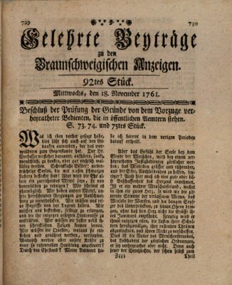 Braunschweigische Anzeigen. Gelehrte Beyträge zu den Braunschweigischen Anzeigen (Braunschweigische Anzeigen) Mittwoch 18. November 1761