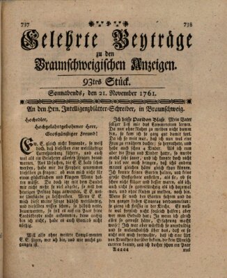 Braunschweigische Anzeigen. Gelehrte Beyträge zu den Braunschweigischen Anzeigen (Braunschweigische Anzeigen) Samstag 21. November 1761