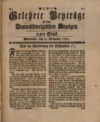 Braunschweigische Anzeigen. Gelehrte Beyträge zu den Braunschweigischen Anzeigen (Braunschweigische Anzeigen) Mittwoch 25. November 1761