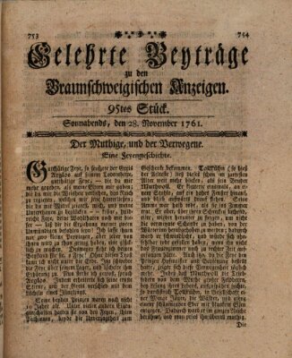 Braunschweigische Anzeigen. Gelehrte Beyträge zu den Braunschweigischen Anzeigen (Braunschweigische Anzeigen) Samstag 28. November 1761