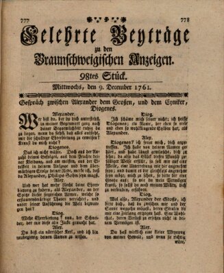 Braunschweigische Anzeigen. Gelehrte Beyträge zu den Braunschweigischen Anzeigen (Braunschweigische Anzeigen) Mittwoch 9. Dezember 1761