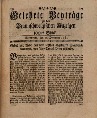 Braunschweigische Anzeigen. Gelehrte Beyträge zu den Braunschweigischen Anzeigen (Braunschweigische Anzeigen) Mittwoch 16. Dezember 1761