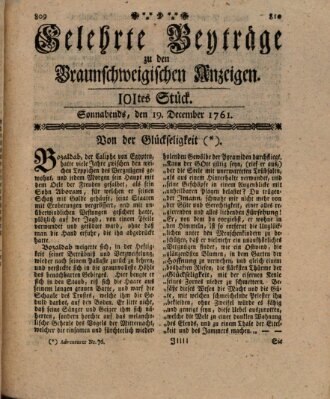 Braunschweigische Anzeigen. Gelehrte Beyträge zu den Braunschweigischen Anzeigen (Braunschweigische Anzeigen) Samstag 19. Dezember 1761