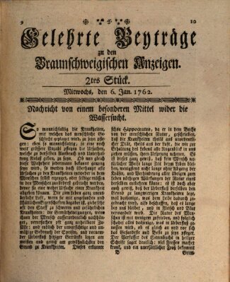 Braunschweigische Anzeigen. Gelehrte Beyträge zu den Braunschweigischen Anzeigen (Braunschweigische Anzeigen) Mittwoch 6. Januar 1762