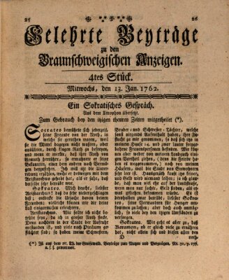 Braunschweigische Anzeigen. Gelehrte Beyträge zu den Braunschweigischen Anzeigen (Braunschweigische Anzeigen) Mittwoch 13. Januar 1762