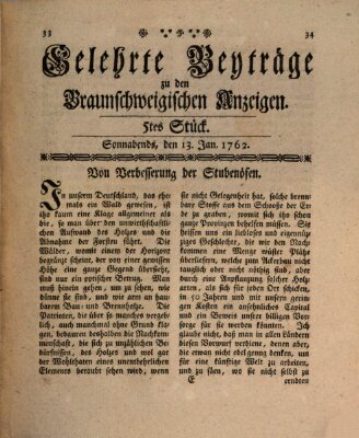 Braunschweigische Anzeigen. Gelehrte Beyträge zu den Braunschweigischen Anzeigen (Braunschweigische Anzeigen) Samstag 16. Januar 1762