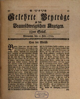 Braunschweigische Anzeigen. Gelehrte Beyträge zu den Braunschweigischen Anzeigen (Braunschweigische Anzeigen) Mittwoch 10. Februar 1762