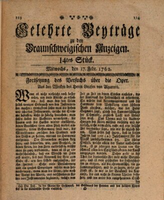 Braunschweigische Anzeigen. Gelehrte Beyträge zu den Braunschweigischen Anzeigen (Braunschweigische Anzeigen) Mittwoch 17. Februar 1762