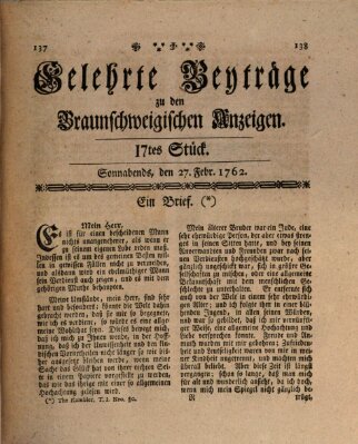 Braunschweigische Anzeigen. Gelehrte Beyträge zu den Braunschweigischen Anzeigen (Braunschweigische Anzeigen) Samstag 27. Februar 1762