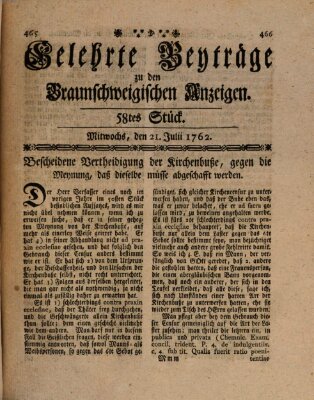 Braunschweigische Anzeigen. Gelehrte Beyträge zu den Braunschweigischen Anzeigen (Braunschweigische Anzeigen) Mittwoch 21. Juli 1762