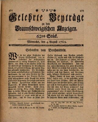 Braunschweigische Anzeigen. Gelehrte Beyträge zu den Braunschweigischen Anzeigen (Braunschweigische Anzeigen) Mittwoch 4. August 1762