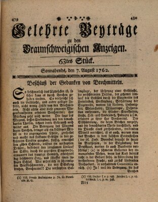 Braunschweigische Anzeigen. Gelehrte Beyträge zu den Braunschweigischen Anzeigen (Braunschweigische Anzeigen) Samstag 7. August 1762