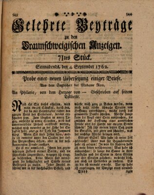 Braunschweigische Anzeigen. Gelehrte Beyträge zu den Braunschweigischen Anzeigen (Braunschweigische Anzeigen) Samstag 4. September 1762