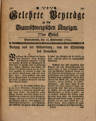 Braunschweigische Anzeigen. Gelehrte Beyträge zu den Braunschweigischen Anzeigen (Braunschweigische Anzeigen) Samstag 25. September 1762