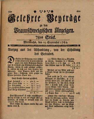 Braunschweigische Anzeigen. Gelehrte Beyträge zu den Braunschweigischen Anzeigen (Braunschweigische Anzeigen) Mittwoch 29. September 1762