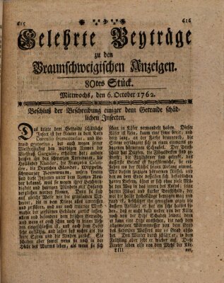 Braunschweigische Anzeigen. Gelehrte Beyträge zu den Braunschweigischen Anzeigen (Braunschweigische Anzeigen) Mittwoch 6. Oktober 1762