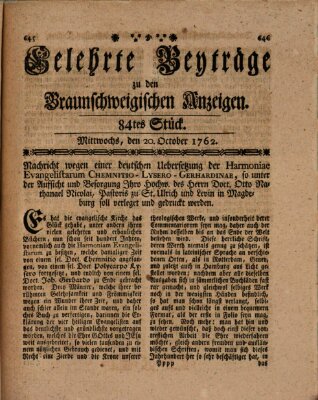 Braunschweigische Anzeigen. Gelehrte Beyträge zu den Braunschweigischen Anzeigen (Braunschweigische Anzeigen) Mittwoch 20. Oktober 1762