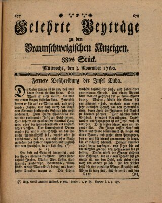 Braunschweigische Anzeigen. Gelehrte Beyträge zu den Braunschweigischen Anzeigen (Braunschweigische Anzeigen) Mittwoch 3. November 1762